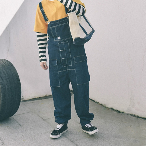 Men Overalls Pants Trousers Denim Jeans Loose Dungarees Drop Crotch Hip Hop Jumpsuits Baggy