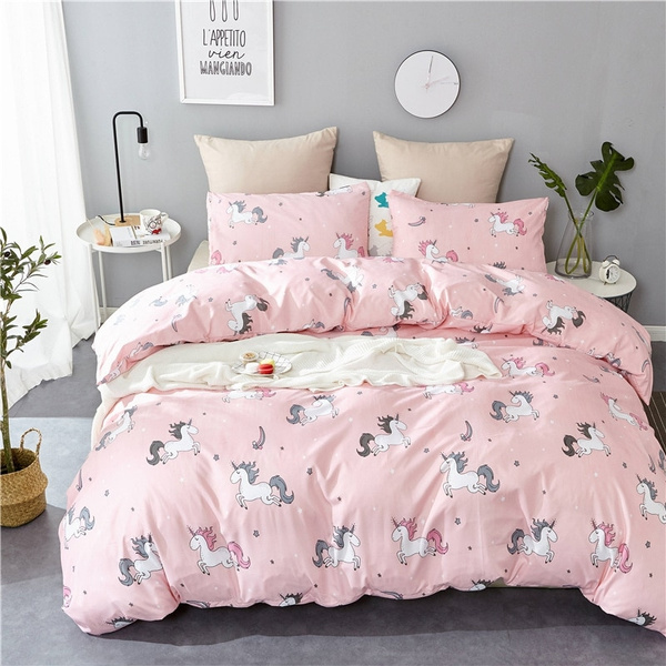 Pink Unicorn Cartoon Kids Quilt Cover, Little Girl Twin Bedding Pink
