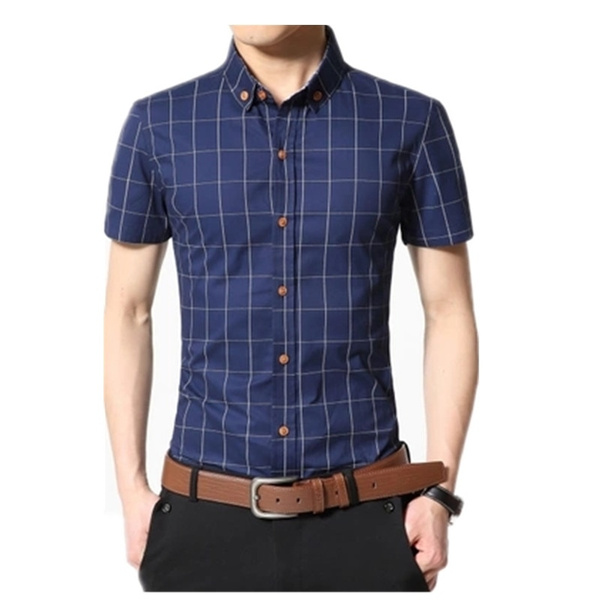 Men Shirt Men s Shorts Sleeve Slim Fit Checkered Dress Shirt