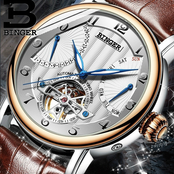 Binger Tourbillon Automatic Watch Mens Multifunzione Orologi Meccanici  Cinturino in Pelle Sapphire Watch Da Uomo Reloj Con Confezione Regalo | Wish