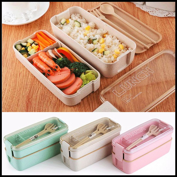 Double Layer Healthy Material Lunch Box Fork Spoon Set Microwave Bento Boxes 