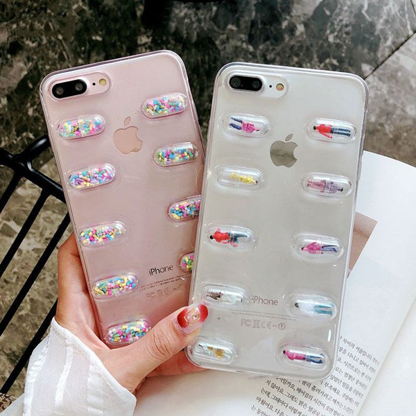 Transparent 3D Pill Capsule Phone Case for iphone 8 7 6 6S Plus X Cartoon Character Soft Clear TPU Back Cover