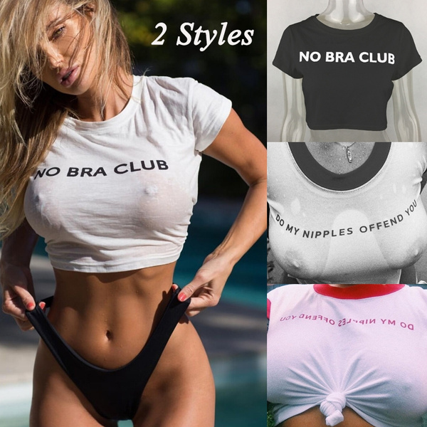 Fashion Women Summer Crop Top Casual Letter Print Short Sleeve Sexy No Bra  Club O Neck Cotton Short T-shirt for Women 2 Styles 4 Colors