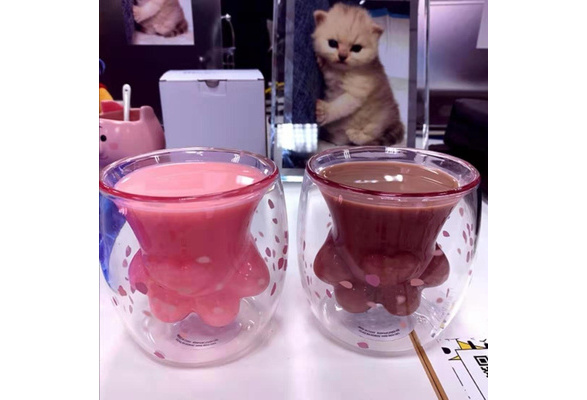 Kawaii Cat Paw Double Walled Coffee Glass Cup Milk Tea Cute Gift Sakura  Petals