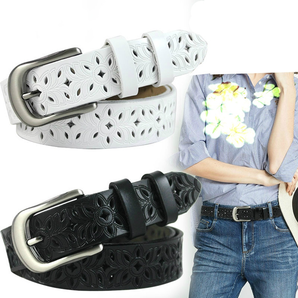 Women Fashion Wide Genuine Leather Belt Floral Carved Cow Skin Belts For Jeans