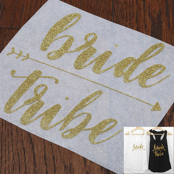 wedding iron on heat tshirt transfer bride bridesmaid party GOLD glitter vinyl 