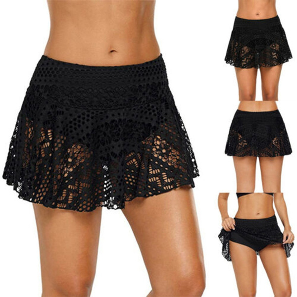 Women's Lace Crochet Skirted Hollow See-through Bikini Bottom Swimsuit  Skort Beachwear Beach Dress Swim Skirt Maillot de bain femme Jupe de plage 