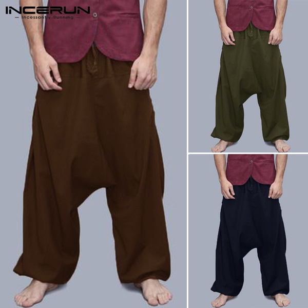 INCERUN Men Elastic Waist Loose Ethnic Style Pants Thai Pants Wide Leg ...