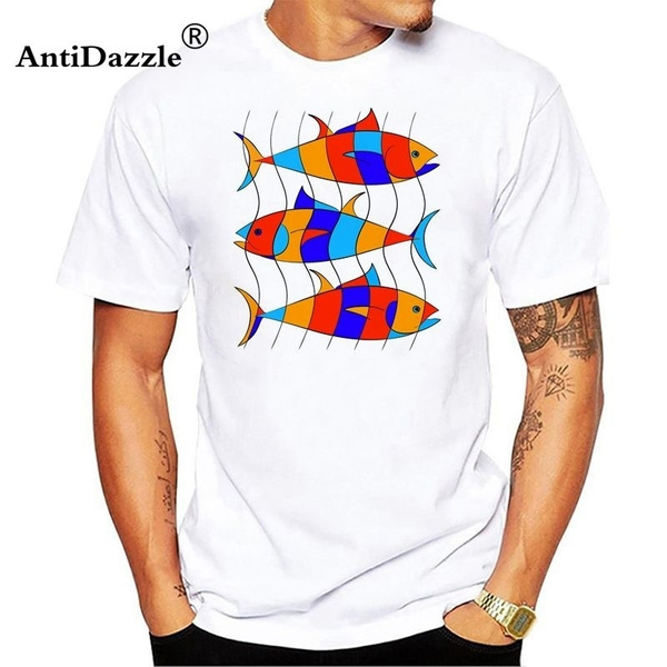 Boys Cartoon Three Fish Print Animal Tee Shirt Men Summer Brand