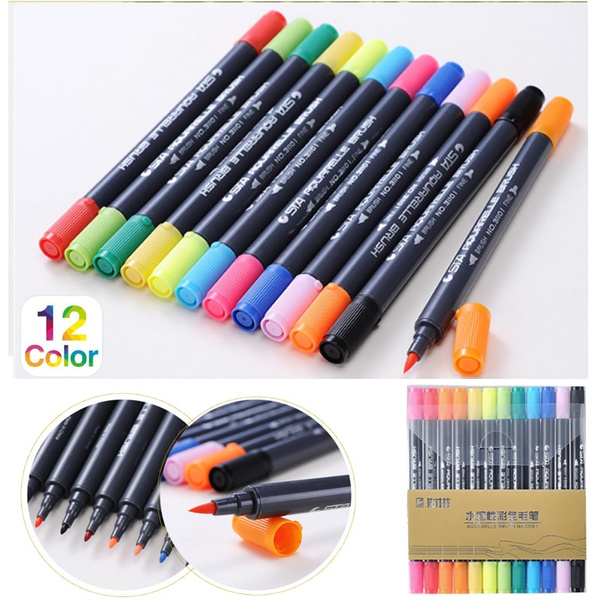 12 Colors/Set High-Quality Dual Tip Art Markers Calligraphy Watercolour  Paint Brush Pen