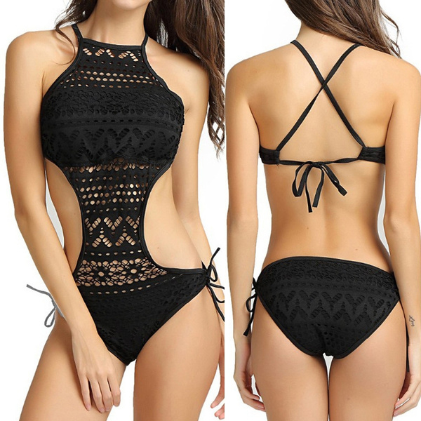 Conjunto de bikini de una pieza Trajes de baño Trajes de baño hechos a mano  de corchet sólido con cuello alto Trajes de baño push up Bikini de cabestro  | Wish