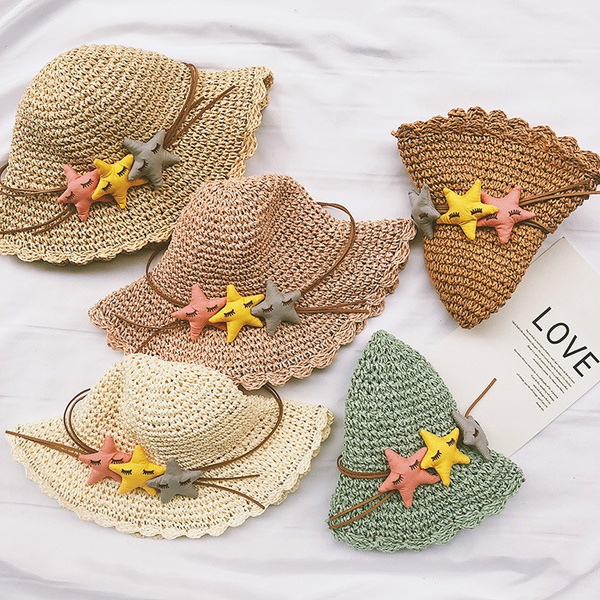1 Pc Fashion Children's Summer Hats Handmade Woven Straw Hat Five-pointed  Star Foldable Sun Hat Baby Wide Brim Bucket Hat