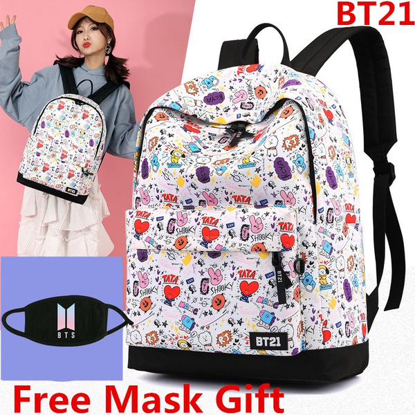 Kpop BTS Bangtan Boys Cartoon BT21 Backpack BTS Character Graphic Mesh Backpack School Book Travel Shoulder Bag Wish