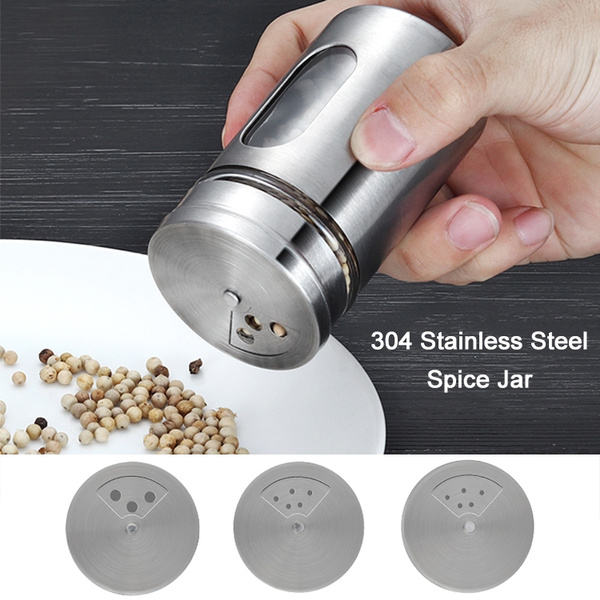 Premium Stainless Steel Glass Spice Jars Rotate Open Close Holes Round Airtight Cap Pour Shaker Lid Spice Storage Jar Tins Container