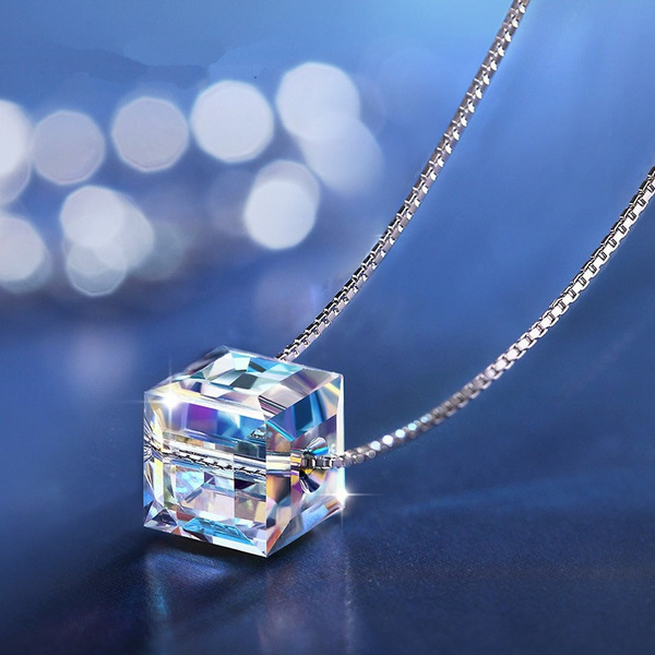 Aeravida Unisex Simple & Sparkling Clear Crystal Cube Prism on .925 Sterling Silver Pendant Chain Necklace for Modern Chic Style & Casual Everyday