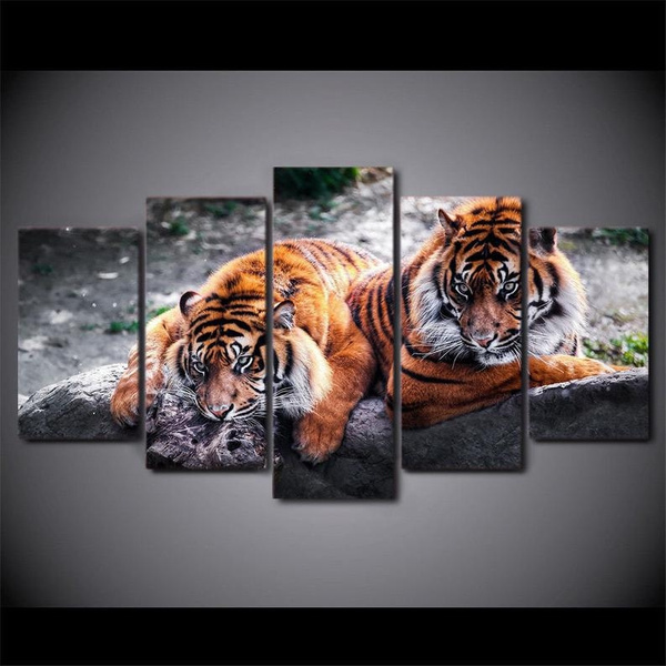 Interior Decoration #53CW Two Wild Cats Hugging Each Other Love In Nature Cotton Canvas Art Tigers Couple Canvas Art Print