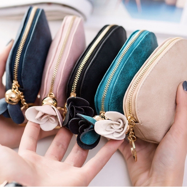 Women Key Chain Coin Purse Leather Zipper Wallet Fashion Small Purse Money  Bag Lady Solid Color Clutch Change Pouch Coin Purse