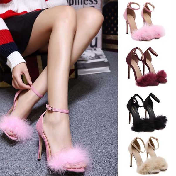 Summer Women's Fluffy Fur Sandals Stiletto High Heels Slippers Party Dress  Shoes | eBay