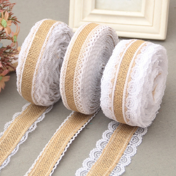 JINGT 5M/Roll Jute Burlap Rolls Hessian Ribbon With Lace For Gift Wrapping Party Decor A