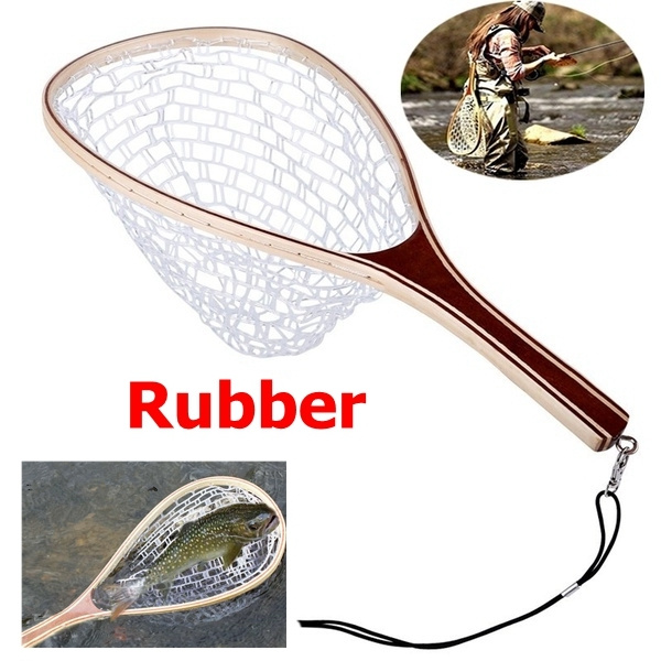 Fly Fishing Net Landing Net Casting Net Rubber Mesh Wooden Frame Hand Net  with Lanyard Rope Magnetic Buckle Fishing Tackle