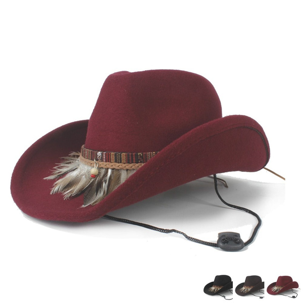 Wool Women Western Cowboy Hat Feather 