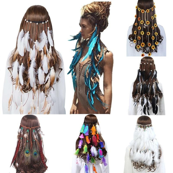 Indian Bohemia Feather Headband Flower 