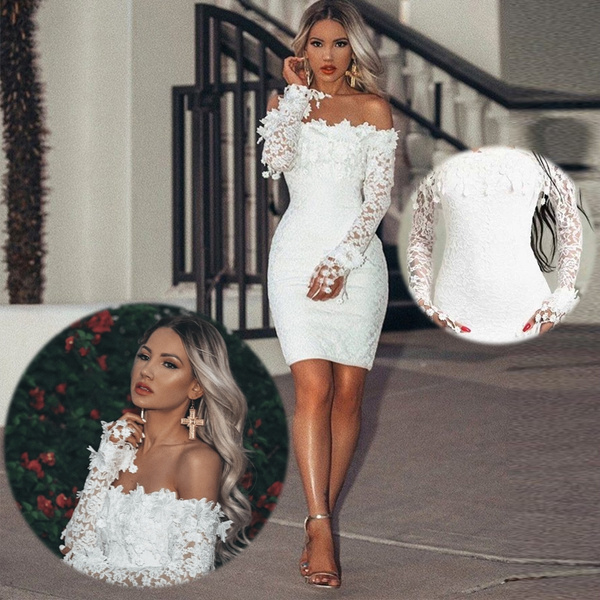 Off Shoulder Lace Patchwork Night Club Wear Ladies Summer Mini Sheath Dress Women party Vestiti Clubwear White Prom Dress