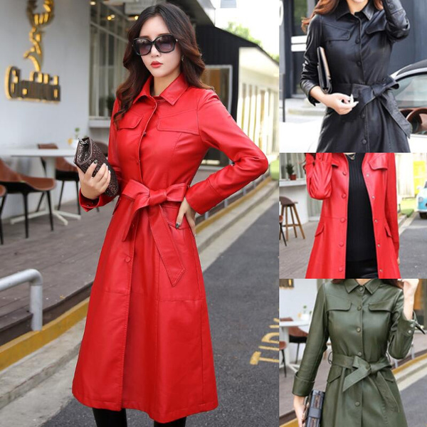 Leather Jacket For Women Trench Length Coat Real Lambskin Stylish Long Coat  | eBay