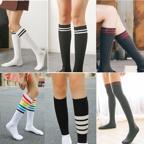 Over The Knee High Socks Striped Ladies Girls Women Stripe