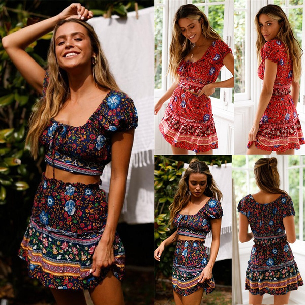 Willow S Women 2019 Fashion Casual Bohemian Print Beach Two Piece Outfit Summer top Mini Skirt Set 