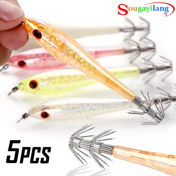 Sougayilang 5Pcs Fishing Lures Squid Bait Plastic Hard Squid Jig Hooks  Suitable for Freshwater and Seawater