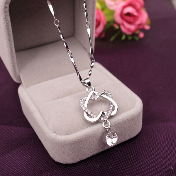 Double Heart Pendant 925 Sterling Silver Jewellery Necklace Chain Women gifts