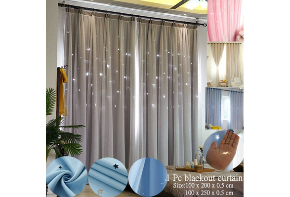 2-Layers Hollow Out Stars Blackout Window Curtains Hookless Gauze Drapes Blinds 
