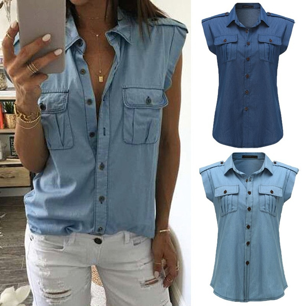 Summer V Neck Sleeveless Denim Jeans 