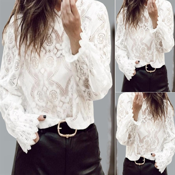 HODMEXI Summer Women White Embroidery Lace Crop Top Long Sleeve