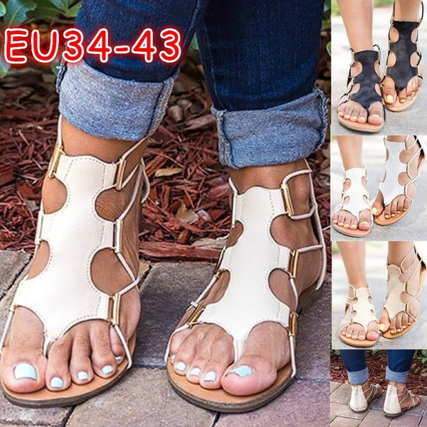 Nueva llegada Verano Moda Sandalias de mujer Estilo vintage Sandalias  planas de cuero Chanclas Bohemia Estilo Sandalias de playa Tallas grandes  EU34-43 | Wish