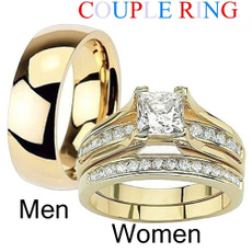 Her & His 14K G.P. Stainless Steel Wedding Engagement Ring & Men's Band Set