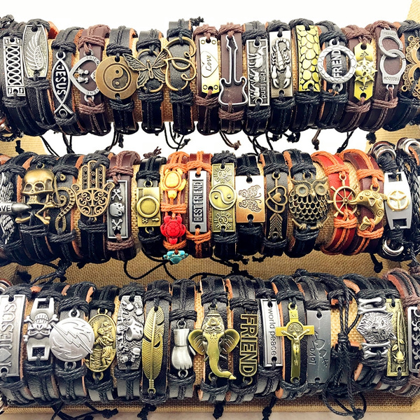 Wholesale 50pcs/pack Assorted Vintage Alloy leather Cuff Bracelets Jewelry party 
