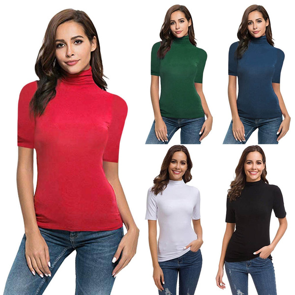 women's short sleeve mock turtleneck tops