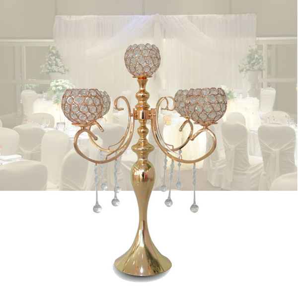 25 6 Gold Chandelier Candle Stands Wedding Crystal Table Centerpiece 5 Heads Holder Decoration Wish Heads Candle Holder Wedding Decoration, Table Candle Chandelier For Weddings