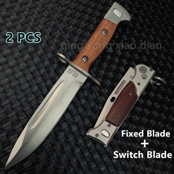 "2PC Army Spring Assisted Open Knives + MILITARY Fixed Blade Hunting KNIFE Tactical Combat