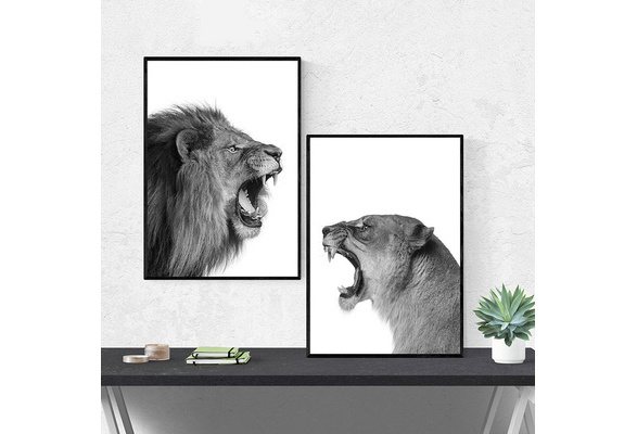 Lion And Lioness Canvas Poster Black White Woodlands Animal Wall Art Print Painting Nursery Wall Art Picture For Living Room Wish