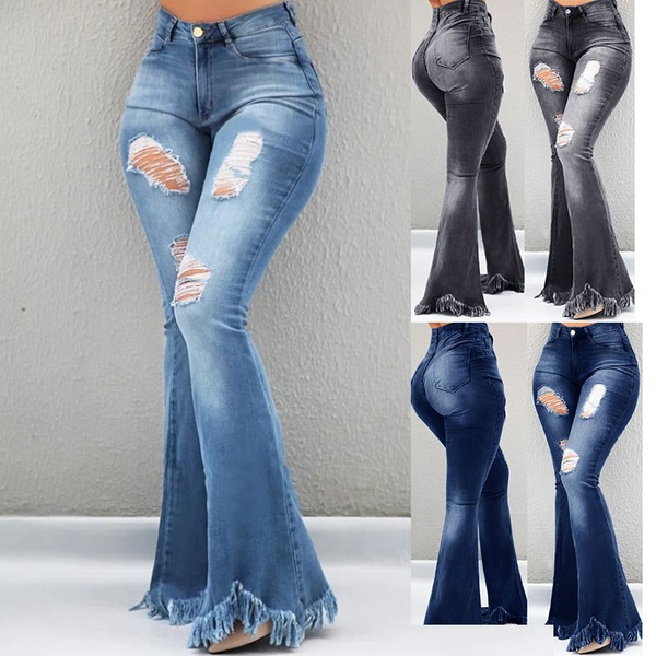 Fashion Ladies Ripped Wide Leg Denim Pants Flare Jeans Bell Bottoms ...