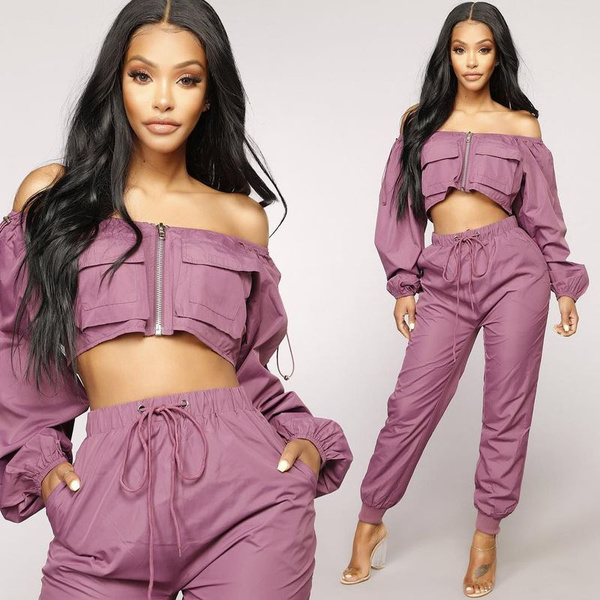 2 Piece Sets Women Outfit Long Sleeve Top and Pants Set Purple