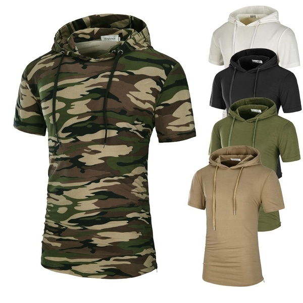 Men Hoodie T-Shirt Short Sleeve Casual 