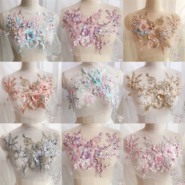 3D Flower Embroidery Lace Bridal Applique Beaded Pearl Tulle DIY Wedding Dress 
