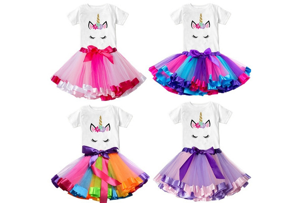 Sunny Fashion Girls T Shirt Tutu Skirt 2pc Pack Unicorn Ice Cream Rainbow Short Sleeve Age 4-10 Years