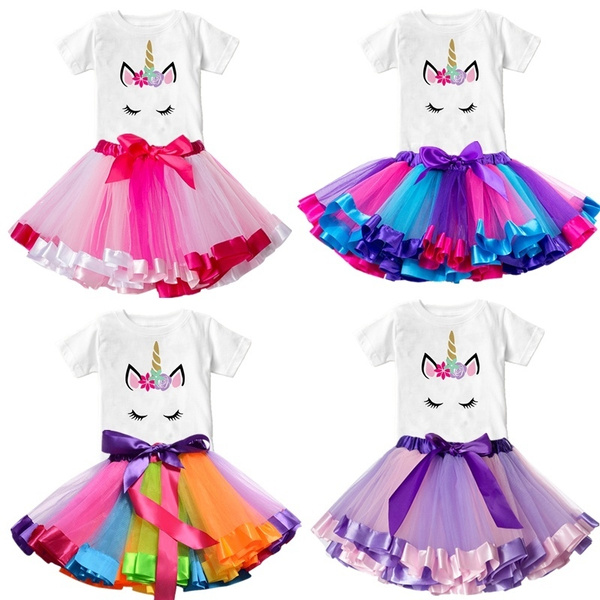 Sunny Fashion Girls T Shirt Tutu Skirt 2pc Pack Unicorn Ice Cream Rainbow Short Sleeve 