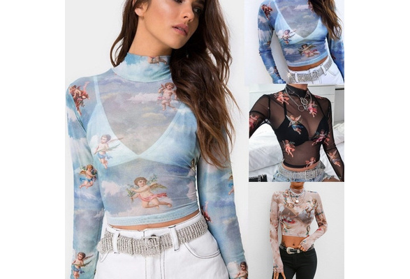 Women Flower Angel Print Transparent Mesh Sheer Crop Top T-Shirt Tee Tops