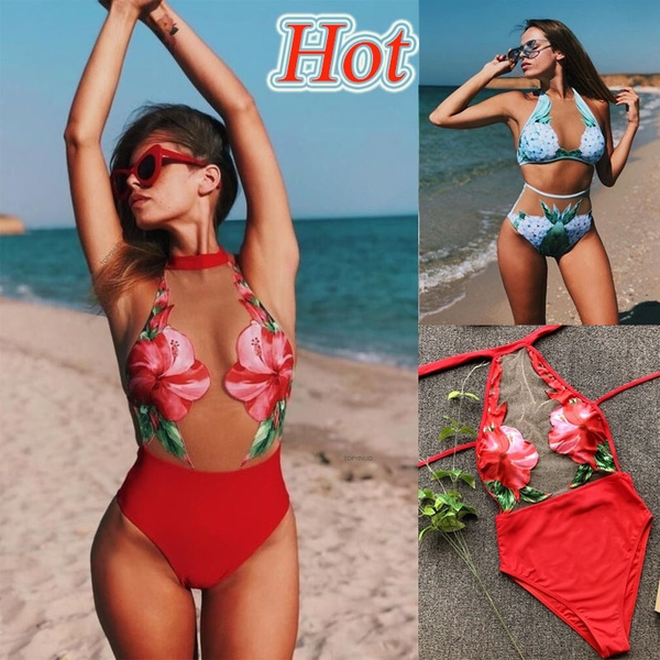 Flower Mesh Transparent Bikini High top Swimsuit Women s One piece Swimsuit